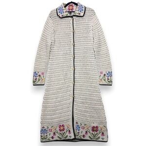 Lucky Brand VTG Wool Crochet Knit Long Cardigan Sweater Coat Duster Womens XL